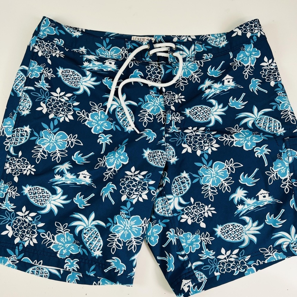 J Crew Swim Trunks Mens 36 Blue Pineapple Floral Hawaiian Board Shorts Lined